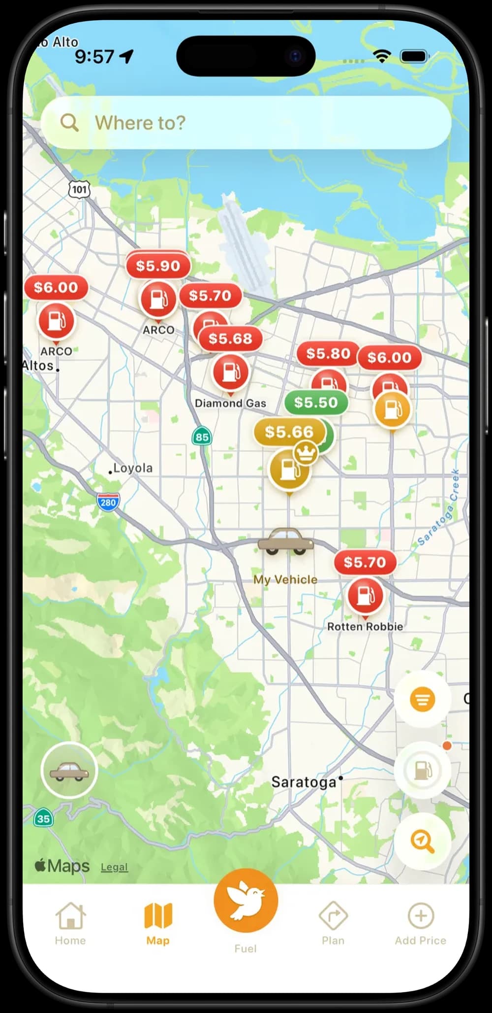 Cheep! Gas map showing nearby fuel prices with the cheapest pump highlighted in green
