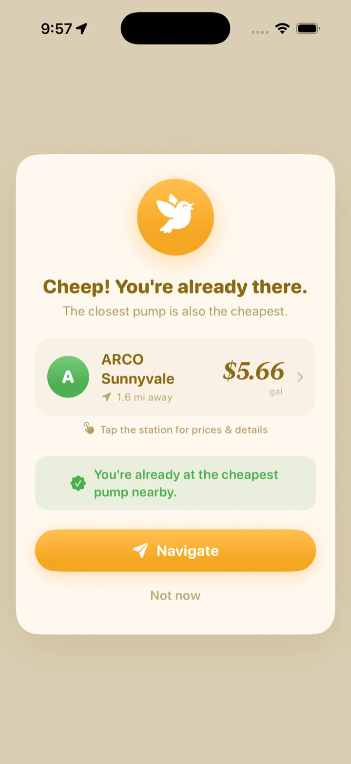 Cheep! Gas verdict card on iPhone confirming you're already at the cheapest pump