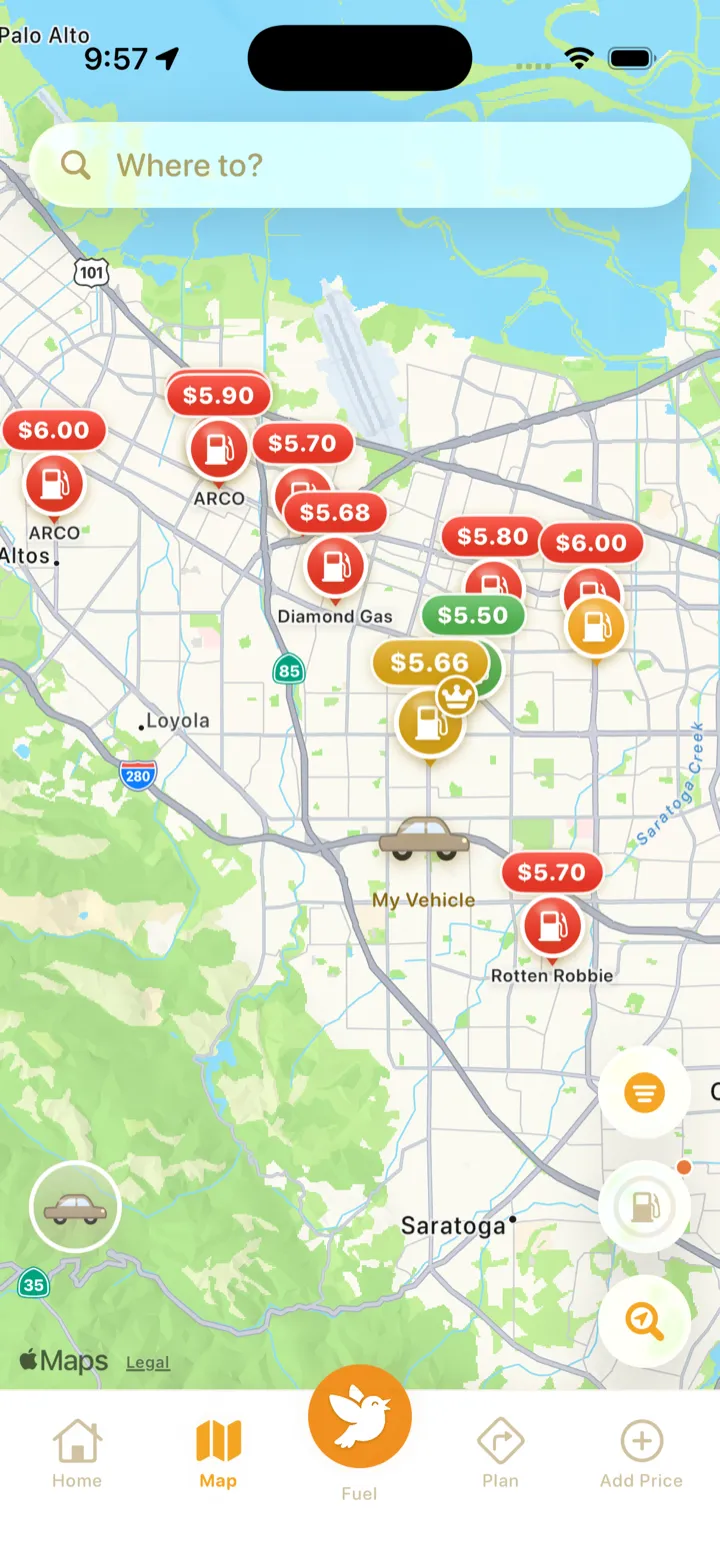 Cheep! Gas map showing nearby fuel prices with the cheapest pump highlighted in green