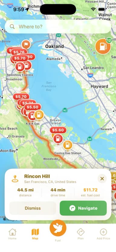 Cheep! Gas map highlighting the genuinely cheapest pump in gold with a planned route