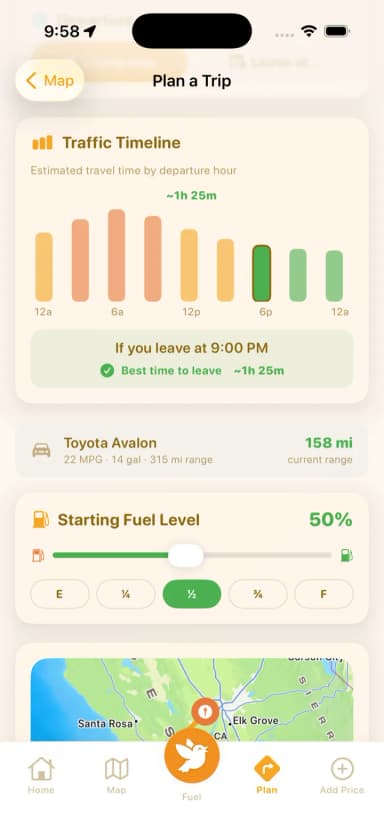 Cheep! Gas Plan a Trip screen with a traffic timeline and best time to leave